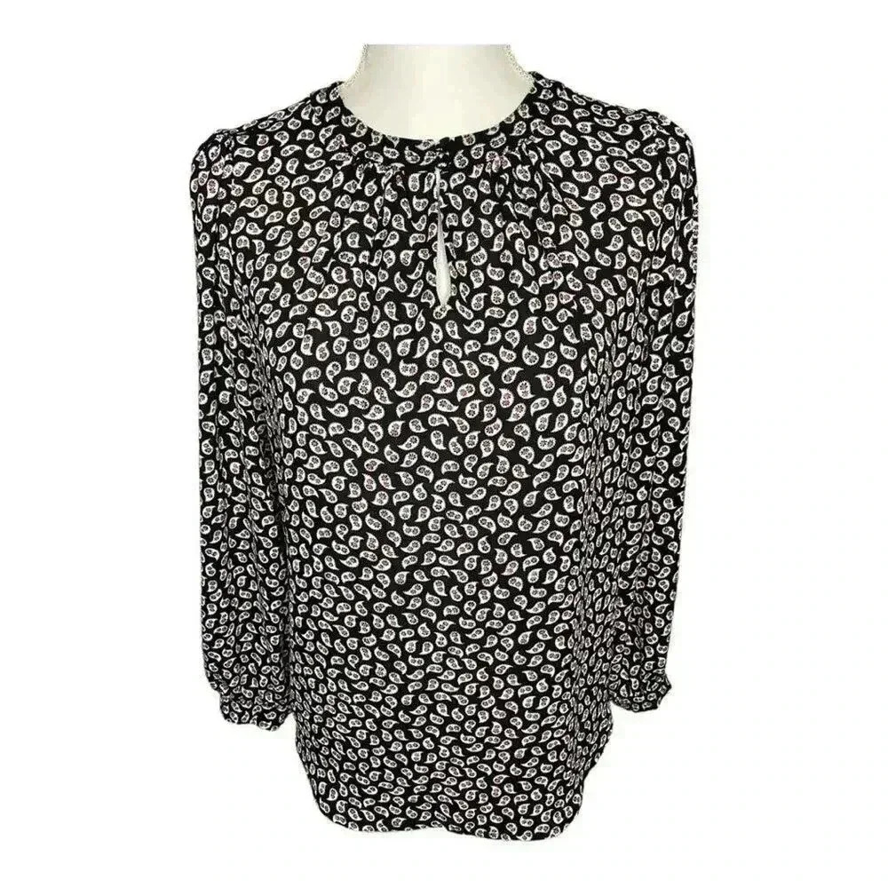 Loft Women's XS Black White Red‎ Geometric High Neck Long Sleeve Top
